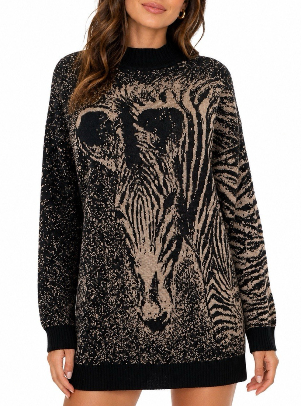 Vintage St John Sweater Pullover Zebra Knit Intarsia Black Beige Long Sleeve M